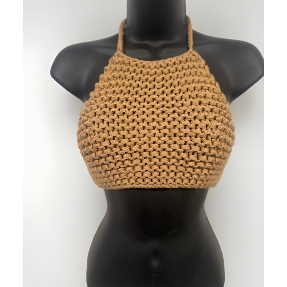 Handmade Crochet Halter Crop Top Camel Tan 70s Boho XS/S - Picture 2 of 7